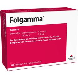 Rote Medikamentenverpackung von "Folgamma" zur Behandlung von Vitamin-B12- und Folsäure-Mangel.