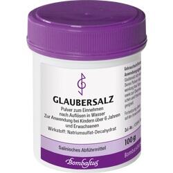 Weiße Dose mit lila Deckel, beschriftet mit "Glaubersalz" und Anwendungshinweisen.