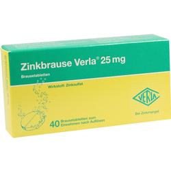 Grüne und gelbe Packung von Zinkbrause Verla 25 mg Brausetabletten.