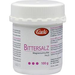 Weißer Plastikbehälter mit der Aufschrift "Bittersalz Magnesiumsulfat" und rotem Logo.