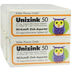Zwei Packungen Unizink 50 Tabletten mit einer bunten Eule auf der Vorderseite.