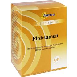 Eine gelbe Packung Flohsamen als pflanzliches Abführmittel.