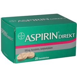 Grüne Packung mit der Aufschrift "Aspirin Direkt", enthält 20 Kautabletten.