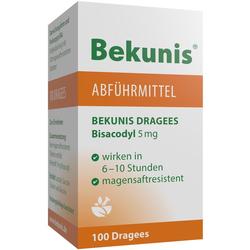 Packung eines Abführmittels mit 100 Dragees von Bekunis.
