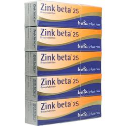Fünf gestapelte Schachteln mit der Aufschrift "Zink beta 25 Brausetabletten".