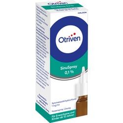 Weiße Otriven-Nasenspray-Verpackung mit blau-grüner Aufschrift.