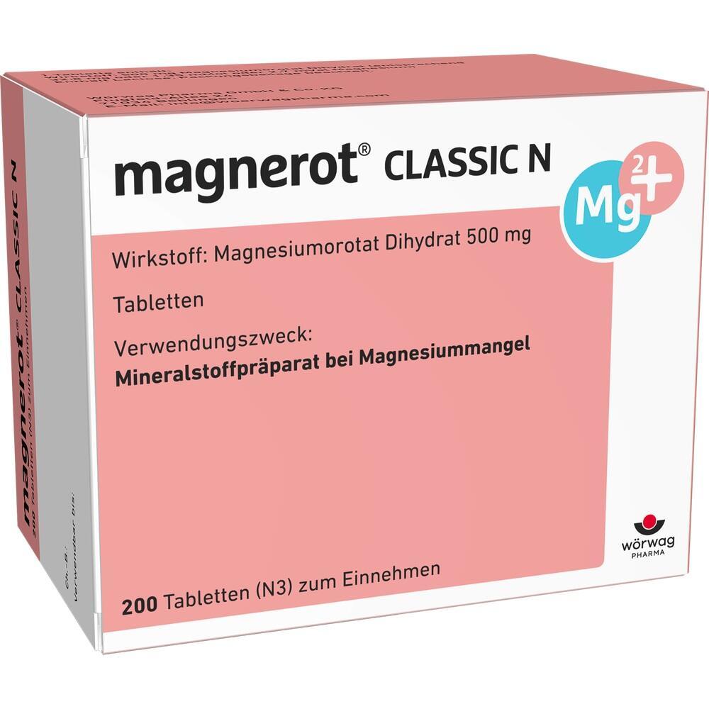 Eine Packung Magnerot Classic N Tabletten für Magnesiummangel.