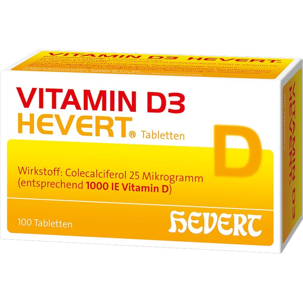 Eine gelbe Packung mit Vitamin D3 Hevert Tabletten.