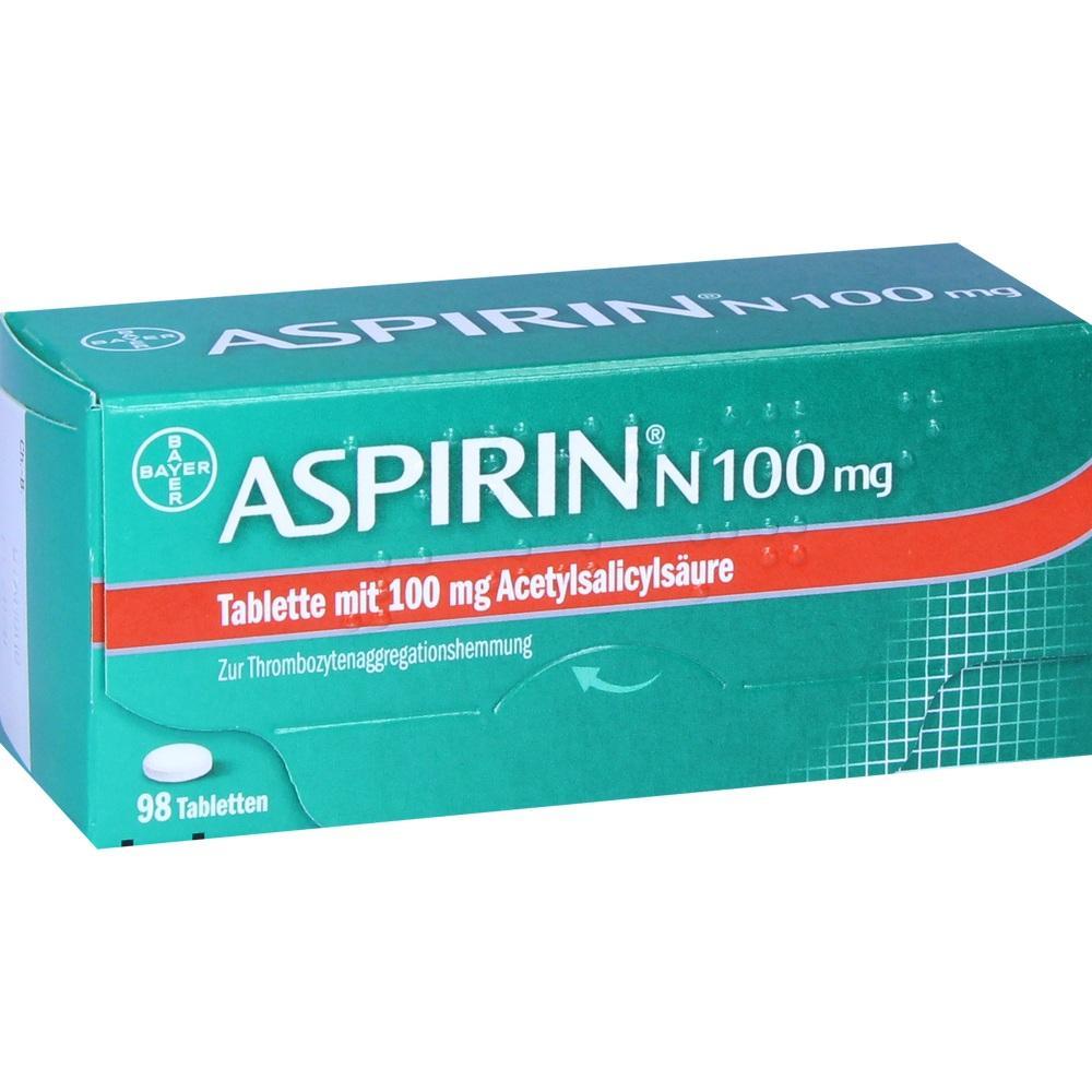 Grüne Aspirin-Verpackung mit 98 Tabletten à 100 mg Acetylsalicylsäure.