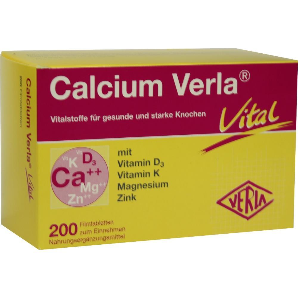 Gelbe Packung von Calcium Verla mit Vitaminen und Mineralstoffen für starke Knochen.