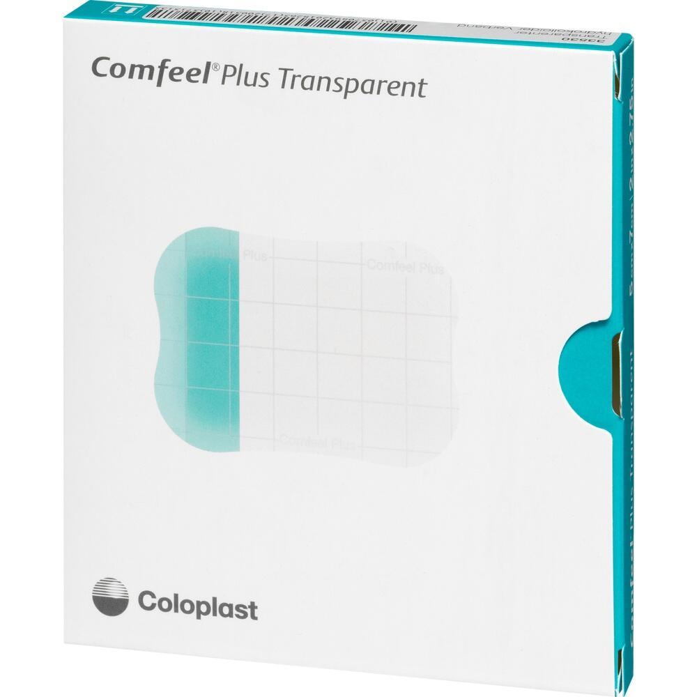 Eine Packung mit transparenten Wundauflagen von Coloplast.