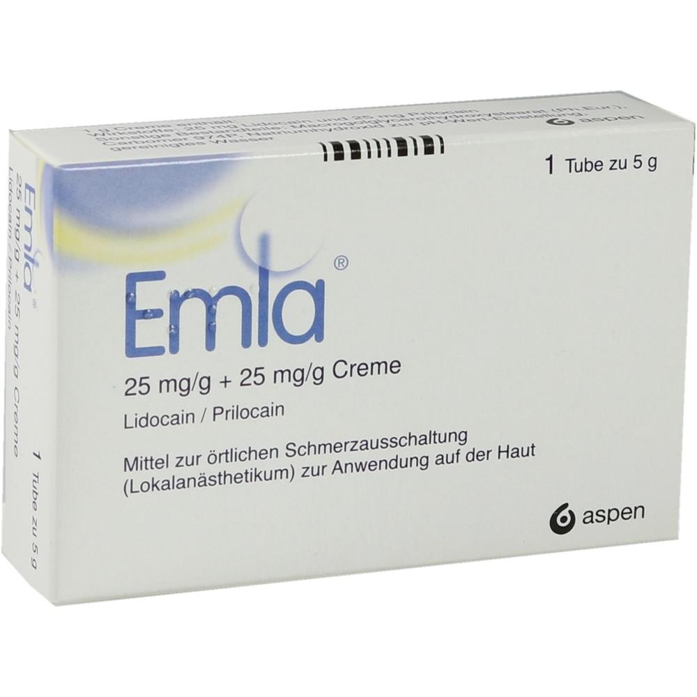 Schachtel einer Emla-Creme zur örtlichen Betäubung auf der Haut.