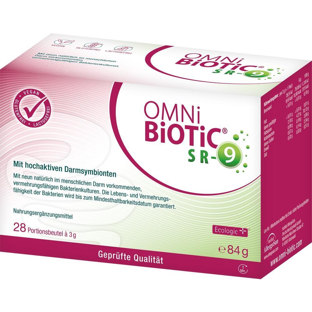 Weiße und rote Verpackung von "OMNi-BiOTiC SR-9" mit Angaben zu Darmgesundheit.
