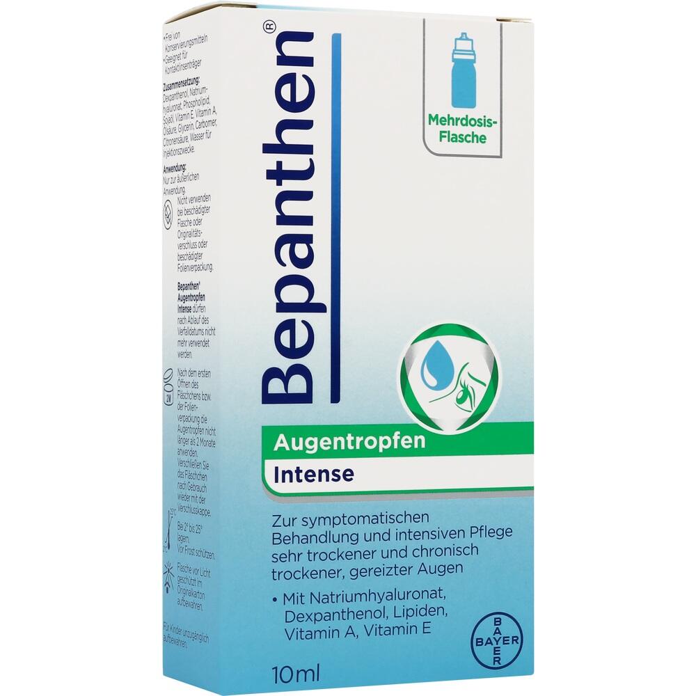 Eine Packung Bepanthen Augentropfen für trockene Augen.
