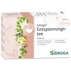 Eine Packung "Sidroga Entspannungstee" mit Kräutern und 20 Teebeuteln ist abgebildet.