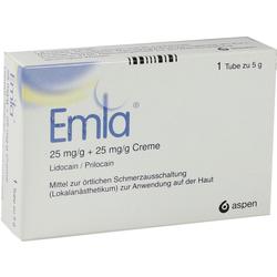 Schachtel einer Emla-Creme zur örtlichen Betäubung auf der Haut.